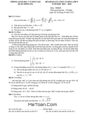 Đề khảo sát chất lượng Toán 9 năm 2021 - 2022 phòng GD&ĐT Đống Đa - Hà Nội