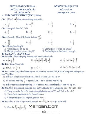 Đề thi học kì 2 Toán lớp 6 năm 2019 - 2020 trường THCS Nghĩa Tân - Hà Nội