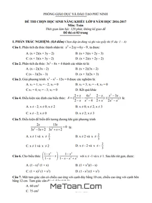 Đề Thi HSG Toán 8 Năm 2016 - 2017 Phòng GD&ĐT Phù Ninh - Phú Thọ