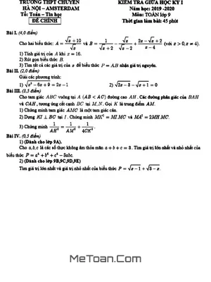 Đề thi giữa kì 1 Toán 9 năm 2019 - 2020 trường chuyên Hà Nội - Amsterdam