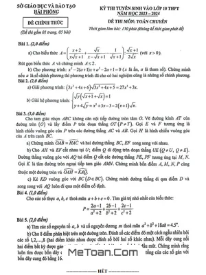 Đề thi tuyển sinh lớp 10 môn Toán (chuyên) năm 2023 - 2024 Sở GD&ĐT Hải Phòng