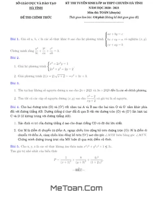Đề thi Tuyển Sinh Lớp 10 Chuyên Toán Trường THPT Chuyên Hà Tĩnh Năm 2020 - 2021