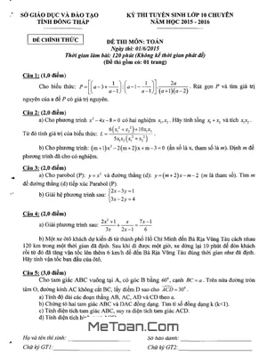Đề thi tuyển sinh vào lớp 10 chuyên Toán cơ sở năm 2015-2016 - Sở GD&ĐT Đồng Tháp