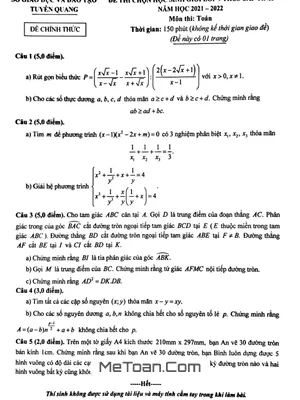 Đề thi học sinh giỏi Toán 9 cấp tỉnh năm 2021 - 2022 sở GD&ĐT Tuyên Quang
