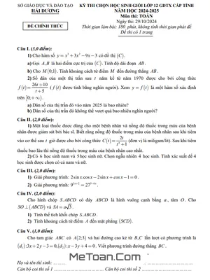 Đề thi HSG Toán 12 GDTX cấp tỉnh năm 2024 - 2025 Sở GD&ĐT Hải Dương