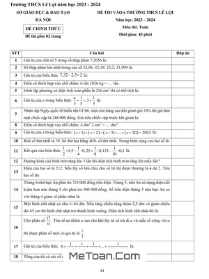 Đề Thi Tuyển Sinh Vào Lớp 6 Trường THCS Lê Lợi 2023 Môn Toán