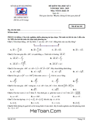 Đề thi học kỳ 1 Toán 10 năm 2024 - 2025 trường THPT chuyên Trần Phú - Hải Phòng