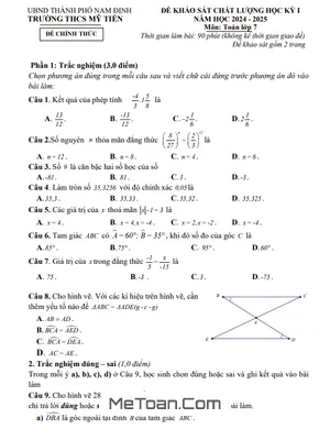 Đề thi học kỳ 1 Toán 7 năm 2024 - 2025 trường THCS Mỹ Tiến - Nam Định