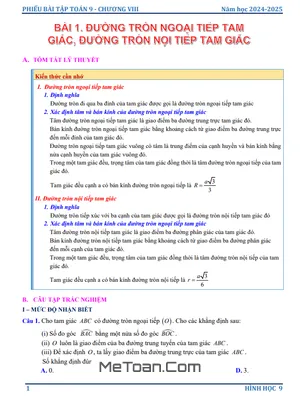 Phiếu Bài Tập Toán 9 Chương Đường Tròn Ngoại Tiếp Và Đường Tròn Nội Tiếp