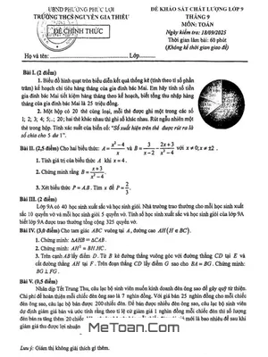 Đề khảo sát chất lượng môn Toán 9 tháng 9 năm 2025 trường THCS Nguyễn Gia Thiều - Hà Nội