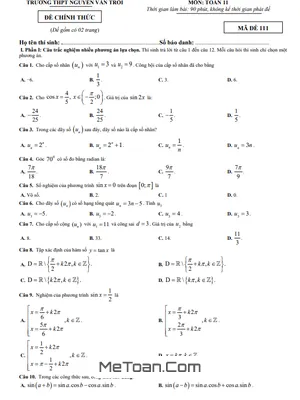 Đề Thi Giữa Kỳ 1 Toán 11 Năm Học 2025 - 2026 THPT Nguyễn Văn Trỗi, Hà Tĩnh (Có Đáp Án Chi Tiết)