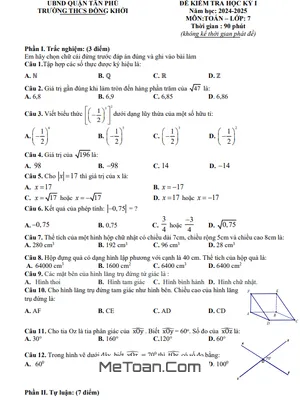 Đề Thi Cuối Học Kỳ 1 Toán 7 Năm 2024-2025 Trường THCS Đồng Khởi (Có Đáp Án Chi Tiết)