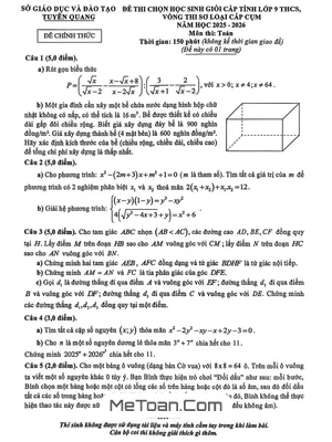 Đề Thi Chọn Học Sinh Giỏi Toán 9 Năm 2025-2026 Sở GD&ĐT Tuyên Quang: Vòng Sơ Loại Cấp Cụm