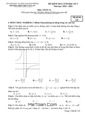 Đề thi học kỳ 1 Toán 12 năm 2023 - 2024 trường THPT Nhữ Văn Lan - Hải Phòng (có đáp án)