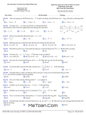 Đề thi HK1 Toán 12 năm học 2019 - 2020 sở GD&ĐT Đồng Nai