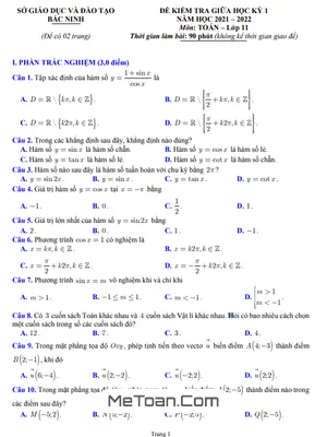 Đề kiểm tra giữa học kỳ 1 Toán 11 năm 2021 - 2022 sở GD&ĐT Bắc Ninh
