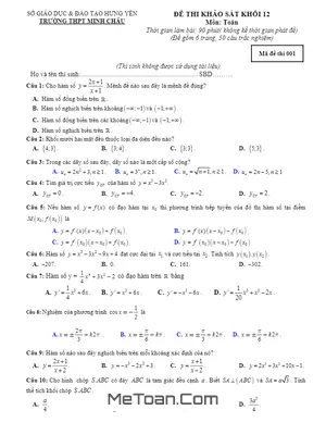 Đề thi khảo sát Toán 12 năm học 2018 - 2019 trường THPT Minh Châu - Hưng Yên