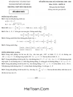 Đề thi HK2 Toán 10 năm 2020 - 2021 trường THPT Bùi Thị Xuân - TP.HCM