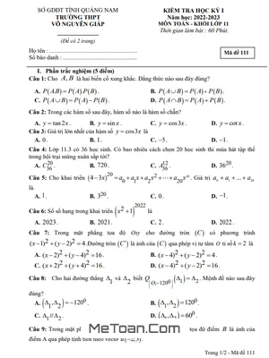 Đề thi HK1 Toán 11 năm 2022 – 2023 trường THPT Võ Nguyên Giáp – Quảng Nam