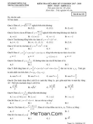 Đề kiểm tra giữa HK1 Toán 12 năm học 2017 - 2018 Trung tâm GDTX tỉnh Đồng Nai