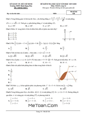 Đề thi học kì 2 môn Toán lớp 12 năm 2019 - 2020 trường THPT Bình Hưng Hòa - TP.HCM (Có lời giải)