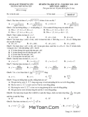 Đề thi học kỳ 2 môn Toán lớp 11 năm 2018 - 2019 trường THPT Hưng Yên - Tải về đề thi