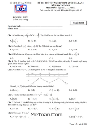 Đề thi thử Toán tốt nghiệp THPT 2024 lần 2 trường chuyên Trần Phú - Hải Phòng