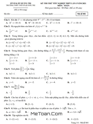 Đề thi thử tốt nghiệp THPT 2021 môn Toán lần 1 trường THPT Thị xã Quảng Trị