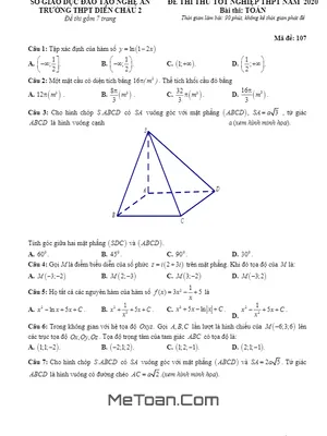 Đề thi thử THPT Quốc gia 2020 môn Toán trường THPT Diễn Châu 2 – Nghệ An mã đề 107
