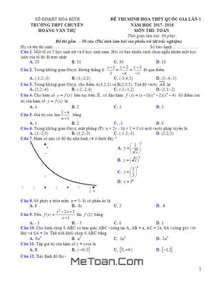 Đề minh họa THPTQG 2018 môn Toán lần 1 trường chuyên Hoàng Văn Thụ - Hòa Bình