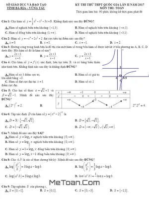 Đề thi thử THPT Quốc gia 2017 môn Toán sở GD&ĐT Bà Rịa – Vũng Tàu lần 2 có đáp án