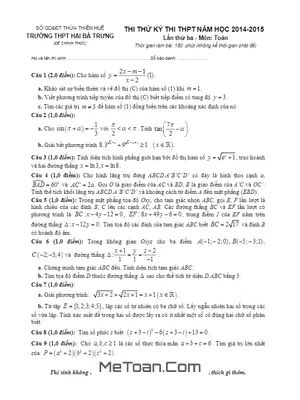 Đề thi thử THPT Quốc gia 2015 môn Toán trường THPT Hai Bà Trưng - Huế lần 3