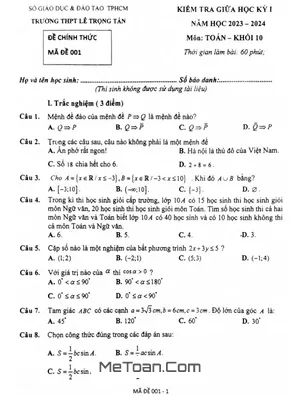Đề Thi Giữa Học Kỳ 1 Toán 10 Năm 2023 - 2024 Trường THPT Lê Trọng Tấn - TP HCM