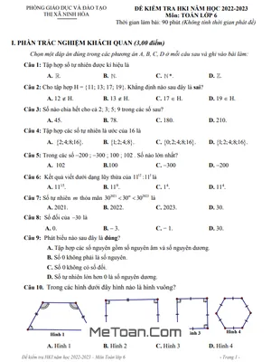 Đề thi học kì 1 Toán lớp 6 năm 2022 - 2023 phòng GD&ĐT Ninh Hòa, Khánh Hòa
