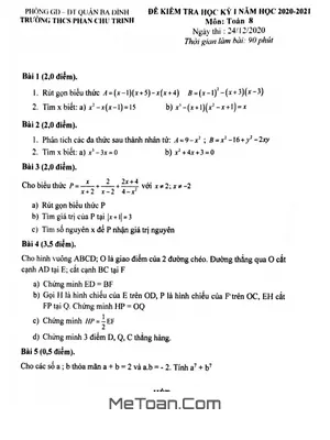 Đề thi học kỳ 1 Toán 8 năm 2020 - 2021 trường THCS Phan Chu Trinh - Hà Nội