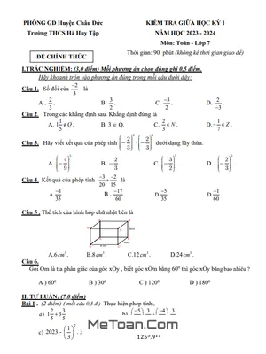 Đề Thi Giữa Kỳ 1 Môn Toán Lớp 7 Năm 2023-2024 Trường THCS Hà Huy Tập - BR VT (Có Đáp Án)