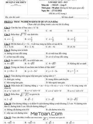 Đề học kỳ 1 Toán 9 năm 2022 - 2023 phòng GD&ĐT Cẩm Thủy - Thanh Hóa