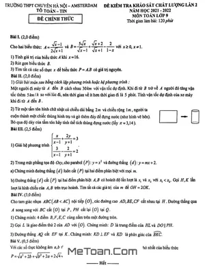 Đề khảo sát lần 2 Toán 9 năm 2021 - 2022 trường chuyên Hà Nội - Amsterdam