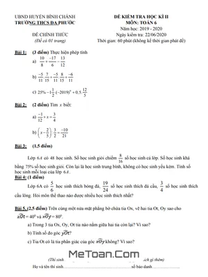 Đề kiểm tra Học kì 2 Toán 6 năm 2019 - 2020 trường THCS Đa Phước - TP HCM (Có đáp án)