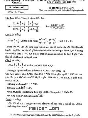 Đề Olympic Toán 7 năm 2021 - 2022 phòng GD&ĐT Ứng Hòa - Hà Nội