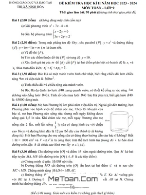 Đề học kì 2 Toán 9 năm 2023 – 2024 phòng GD&ĐT Ninh Hòa – Khánh Hòa