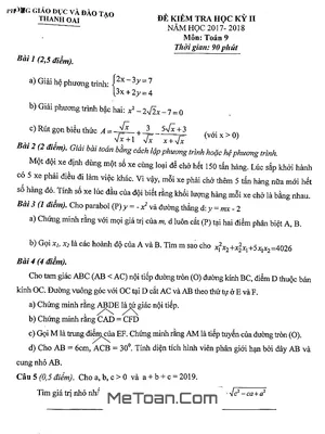 Đề thi học kỳ 2 môn Toán lớp 9 năm 2017 - 2018 phòng GD&ĐT Thanh Oai - Hà Nội