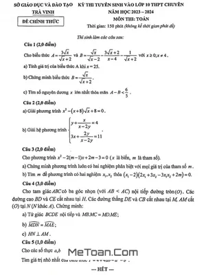 Đề thi Tuyển sinh Lớp 10 Chuyên Toán Sở GD&ĐT Trà Vinh Năm 2023 - 2024