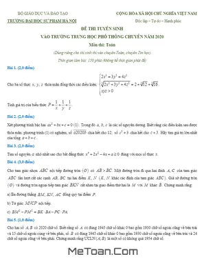 Đề thi tuyển sinh lớp 10 môn Toán (chuyên) năm 2020 - 2021 trường THPT chuyên ĐHSP Hà Nội
