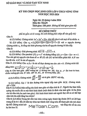 Đề thi học sinh giỏi Toán 9 cấp tỉnh năm học 2023 - 2024 sở GD&ĐT Tây Ninh