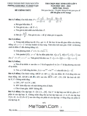 Đề thi học sinh giỏi Toán 9 năm 2021 - 2022 phòng GD&ĐT thành phố Thái Nguyên