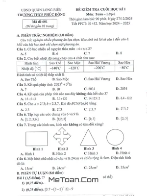 Đề Thi Cuối Kì 1 Môn Toán Lớp 6 Năm 2024 - 2025 Trường THCS Phúc Đồng - Có Đáp Án