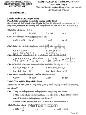 Đề Thi Cuối Học Kỳ 1 Toán 9 Năm Học 2025 - 2026 Trường THCS Lý Thường Kiệt – Đà Nẵng