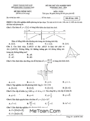 Đề Thi Thử Tốt Nghiệp THPT 2026 Môn Toán Sở GD&ĐT Huế - Có Đáp Án Chi Tiết