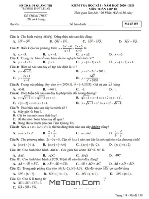 Đề thi HK1 Toán 10 năm 2020 - 2021 trường THPT Lê Lợi - Quảng Trị [có đáp án]